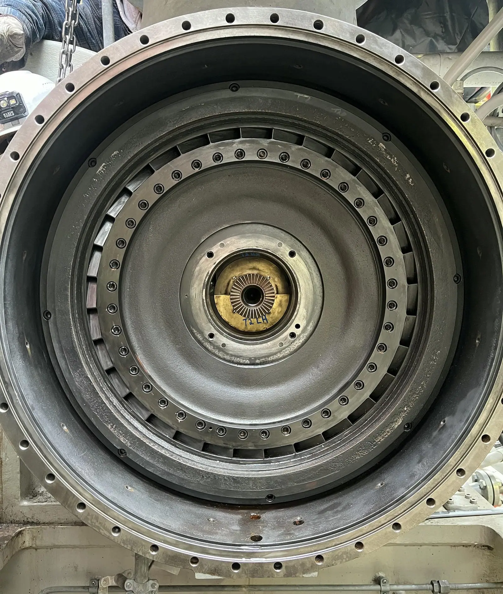 Steam turbine stage exposed with the casing open for inspection
