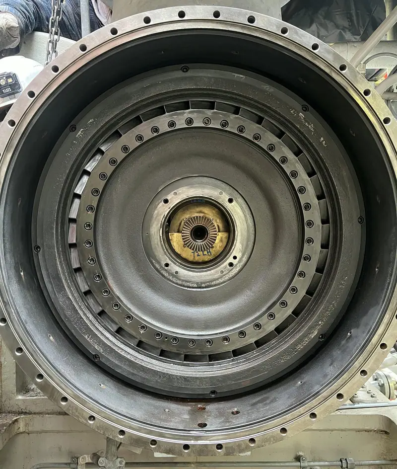 Steam turbine stage exposed with the casing open for inspection